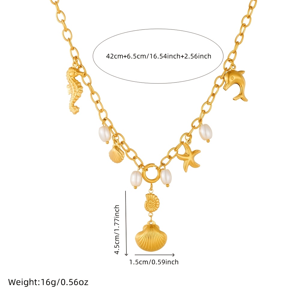 Women's Golden Stainless Steel Shell Seahorse Pendant Necklace